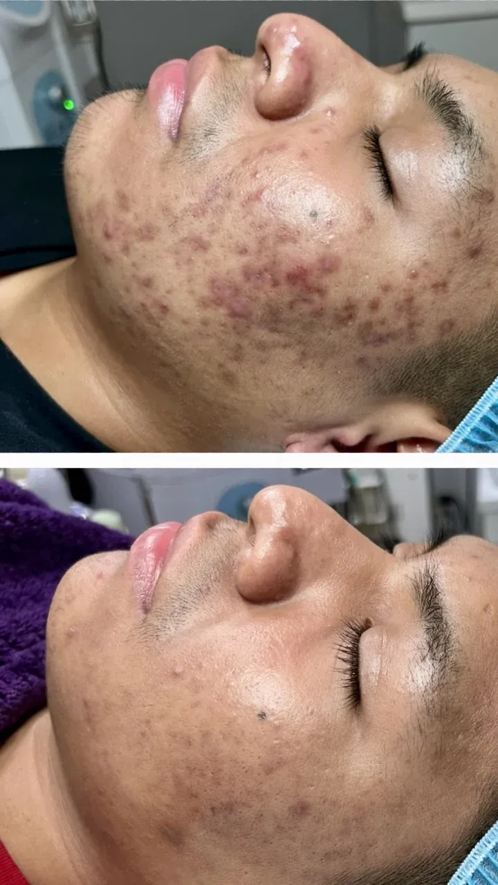 Before-and-after photos of a client's cheek at Studio B: above, acne breakouts and red marks; below, clearer and calmer skin.
