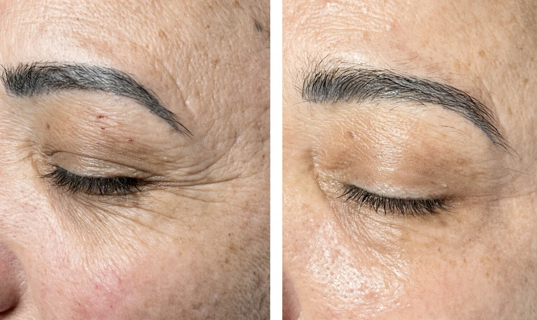 Before and after plasma on the eyelid and crow's feet: wrinkles on the left, tighter skin on the right